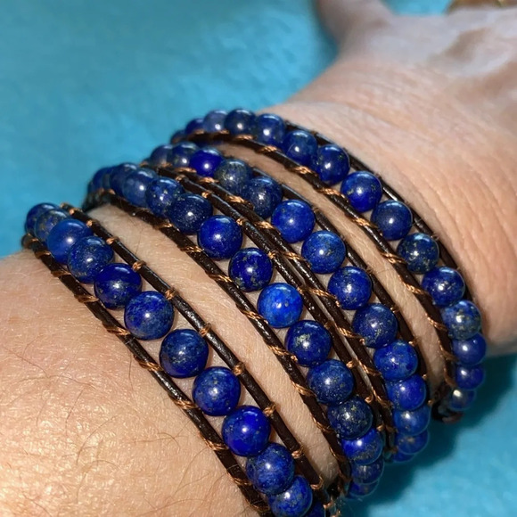 BBJ Lapis Lazuli Wrist wrap bracelet weaved in leather strips boho size OSFA - Picture 1 of 8